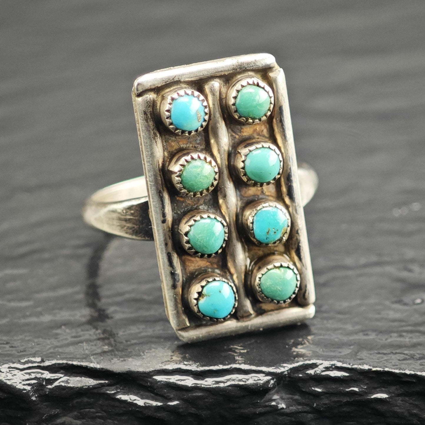 Vintage Zuni Petit Point Turquoise Rectangular Sterling Silver Ring Sz 7 3/4 R6644