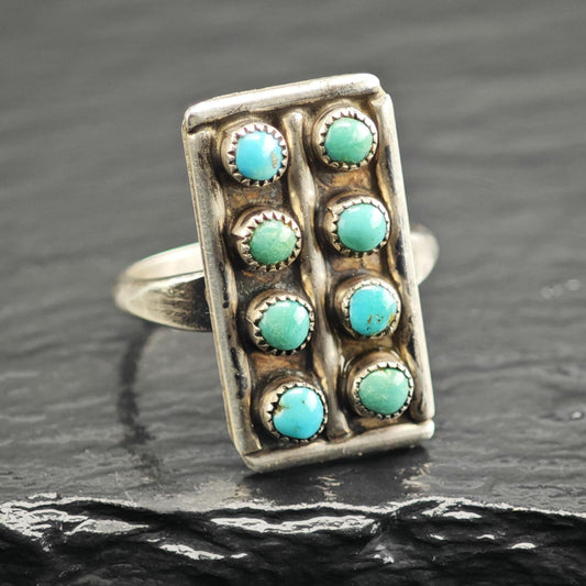 Vintage Zuni Petit Point Turquoise Rectangular Sterling Silver Ring Sz 7 3/4 R6644
