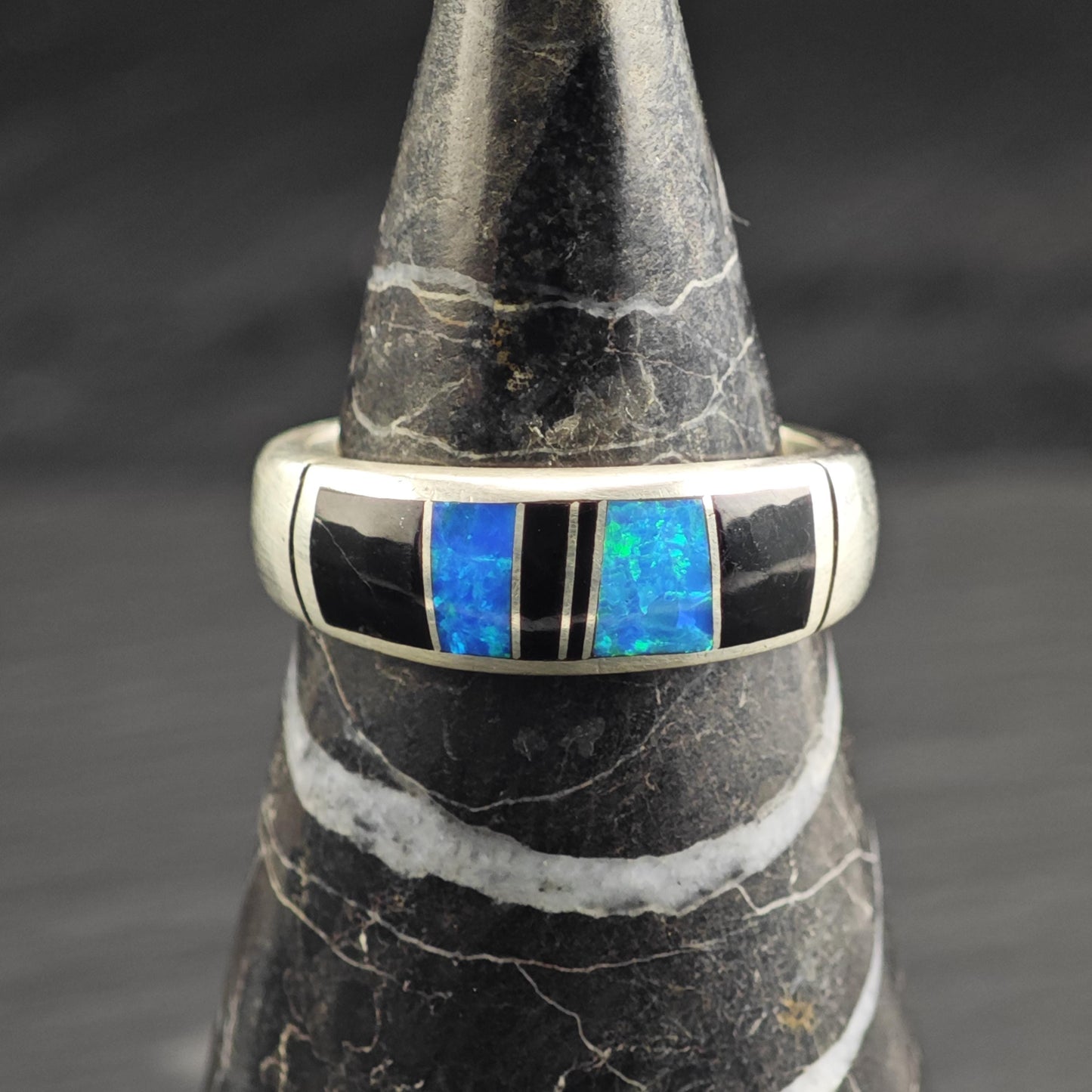 Vintage Lap Opal & Onyx Inlay Sterling Silver Ring Sz 9 3/4 R6633