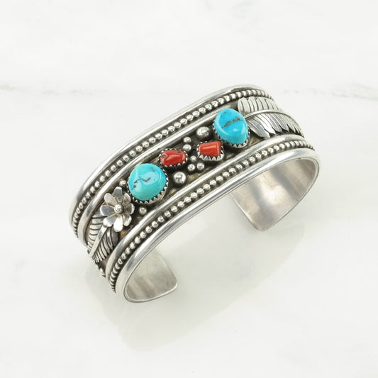 Native American Sterling Silver Cuff Bracelet Blue, Red Turquoise, Coral Leaf