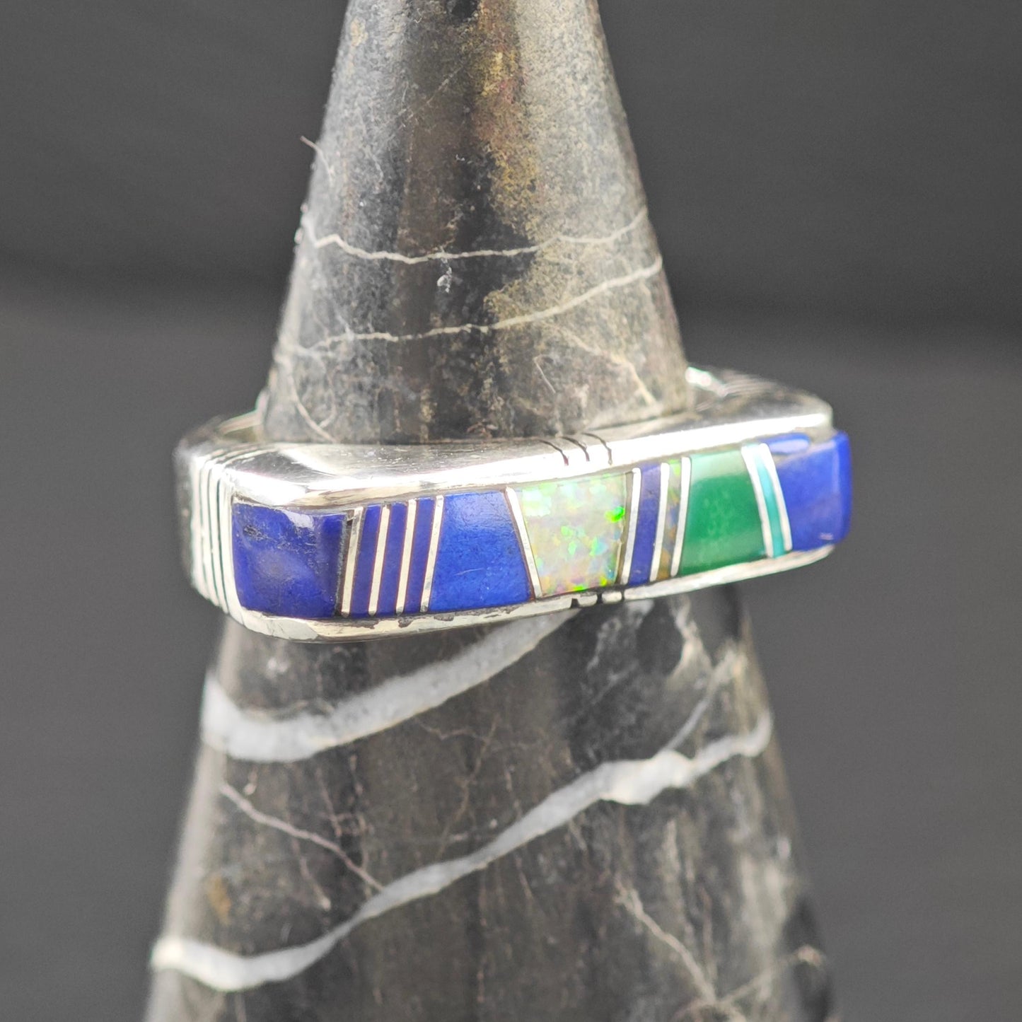 Native American Lapis, Turquoise, Lab Opal Inlay Ring Sterling Silver