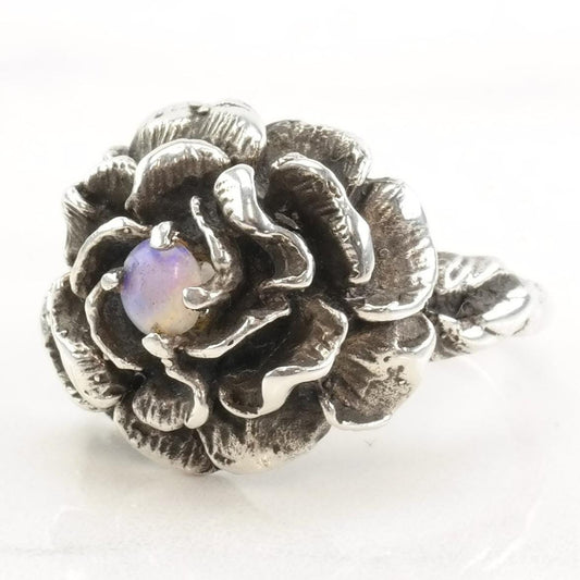 Vintage Brutalist Silver Ring Lab Opal Flower Sterling Size 5