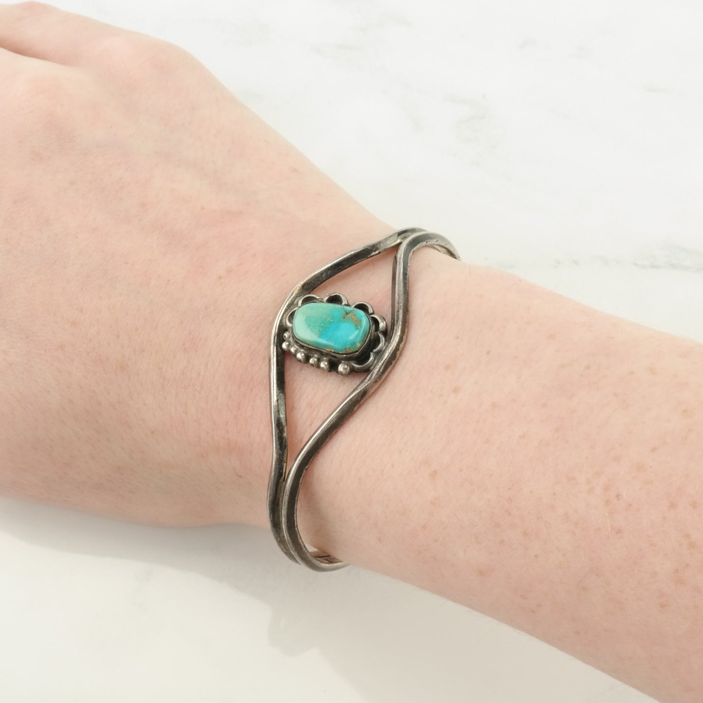 Southwest Sterling Silver Cuff Bracelet Blue Turquoise Floral