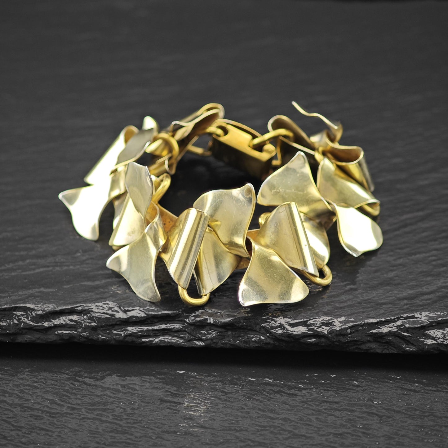 Gold Gilded Floral Link Bracelet Sterling Silver Size 6 3/4"