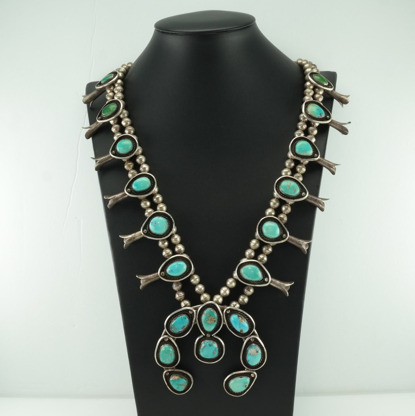 Vintage Native American Sterling Silver Blue Turquoise Squash Blossom Necklace