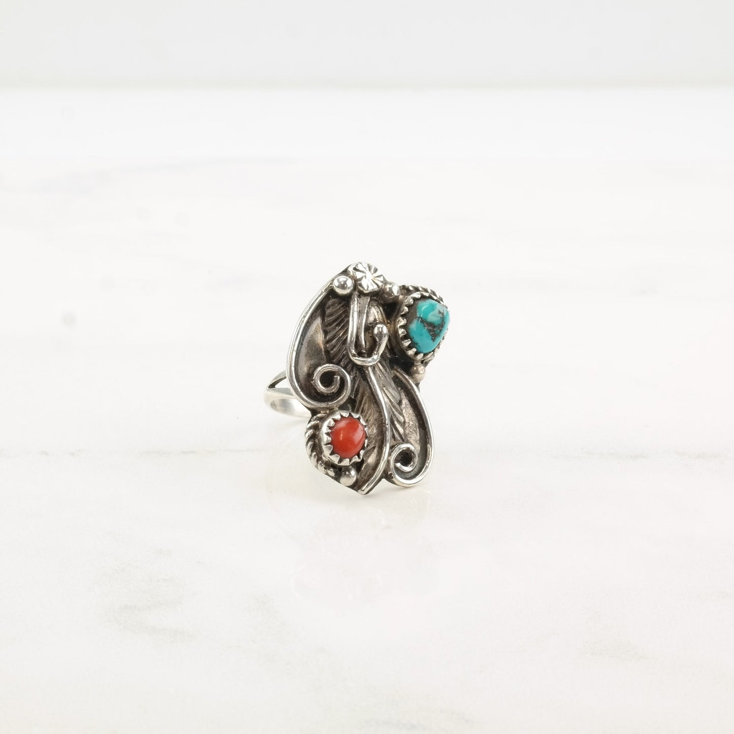 Native American Silver Ring Turquoise Coral Leaf Flower Sterling Size 6