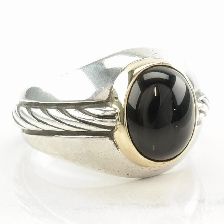 Vintage FM Silver Ring Onyx 14K Gold Bezel Sterling Black Size 10