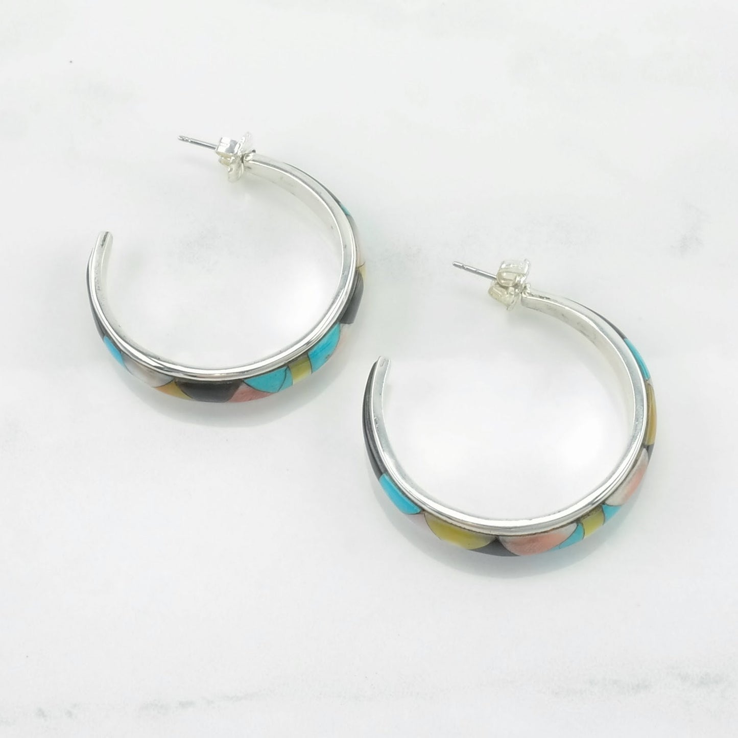 Sterling Silver Stud/Hoop Earrings Native American Turquoise, Onyx, MOP, Conch Inlay