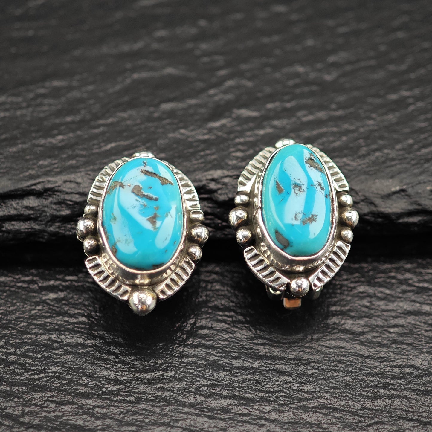 Native American Blue Turquoise Clip-On Earrings Sterling Silver Oval Design