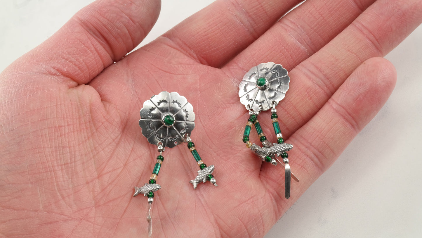 Southwest Sterling Silver Malachite Animal Dreamcatcher Bead Earrings