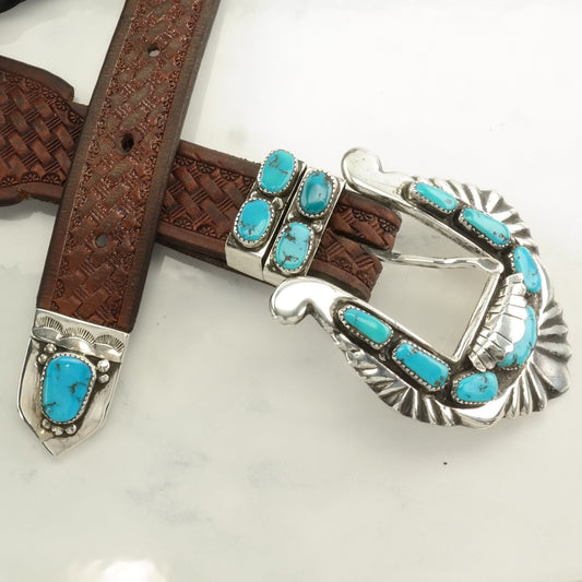 Vintage Native American Leekity Stamped Leather Belt with Turquoise Sterling Silver Buckle