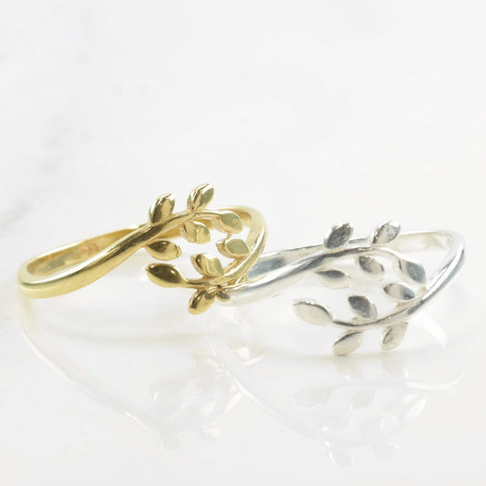 Vintage Minimalist Silver Gold Plated Ring Leaf Sterling Size 6-8