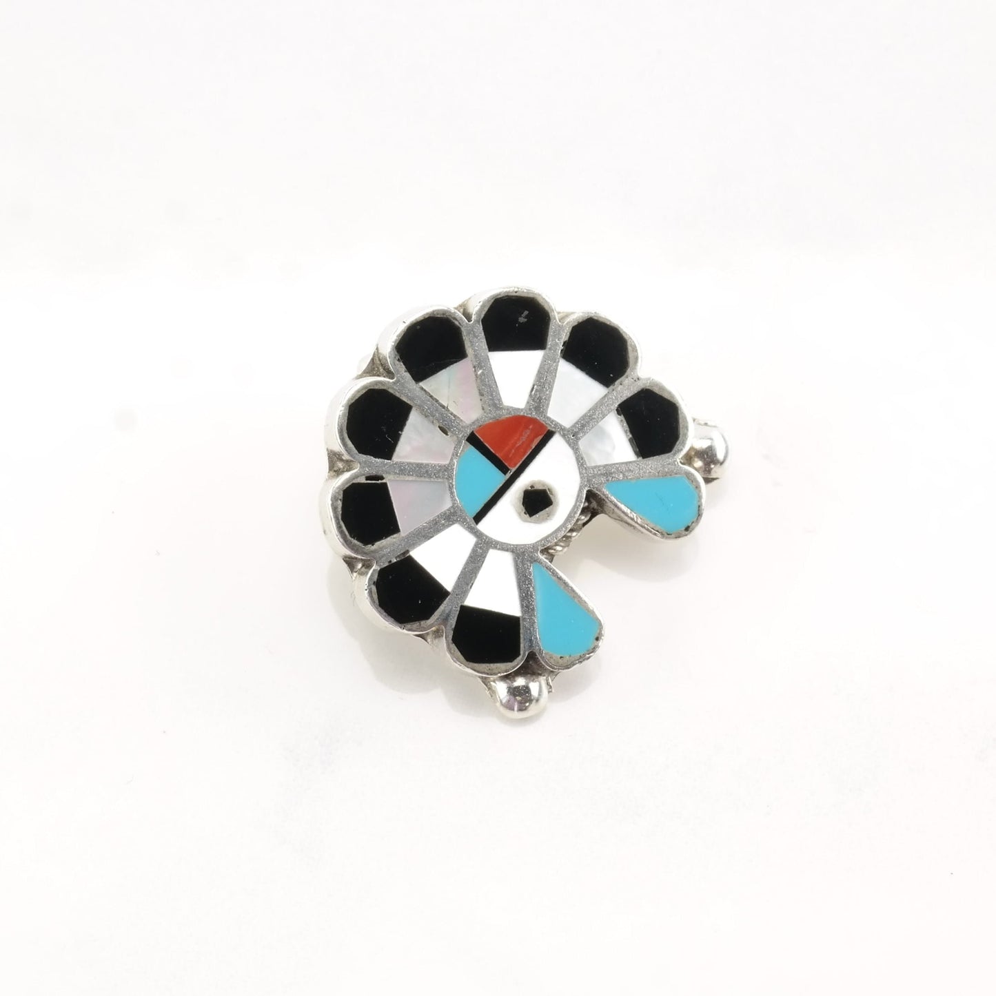 Native American Sterling Silver Brooch Pendant Inlay MOP Turquoise Coral Onyx