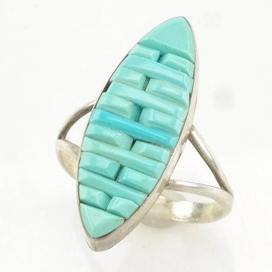 Vintage Sterling Silver Ring Turquoise Cobblestone Inlay Blue Size 7