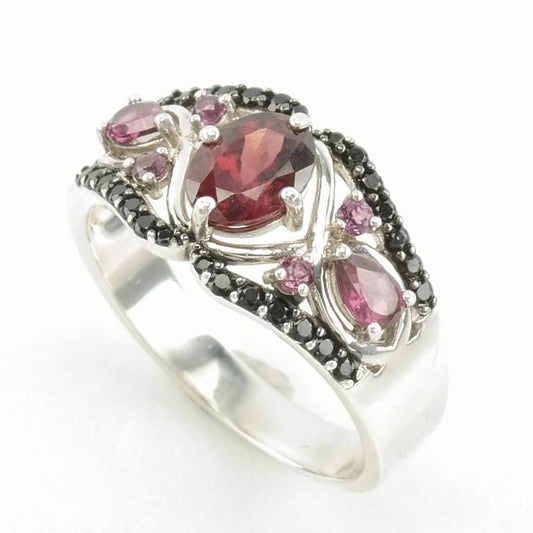 Vintage Sterling Silver Ring Raspberry Rhodolite Garnet Faceted Onyx Red, Purple, Black Size 11