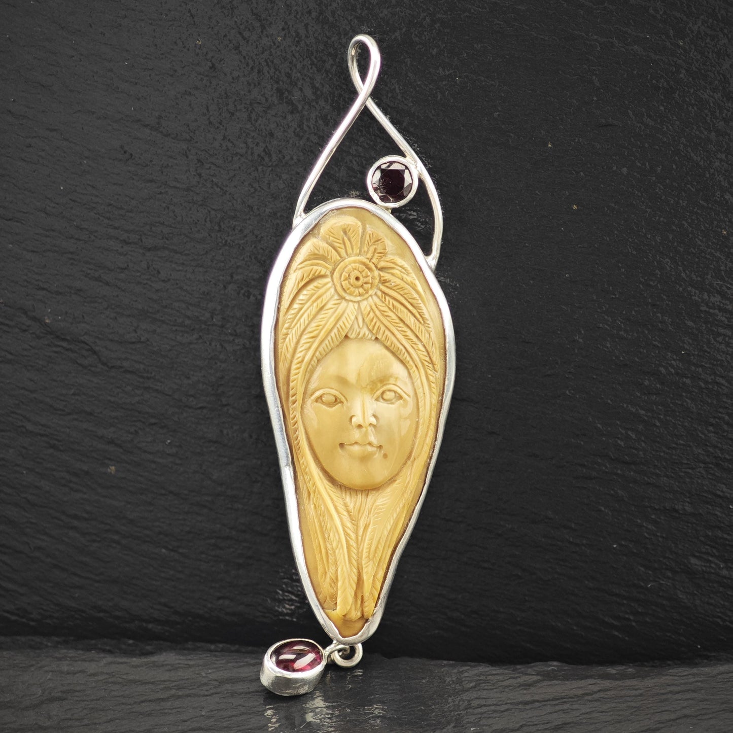 Carved Goddess Face, Garnet Pendant Sterling Silver P2816