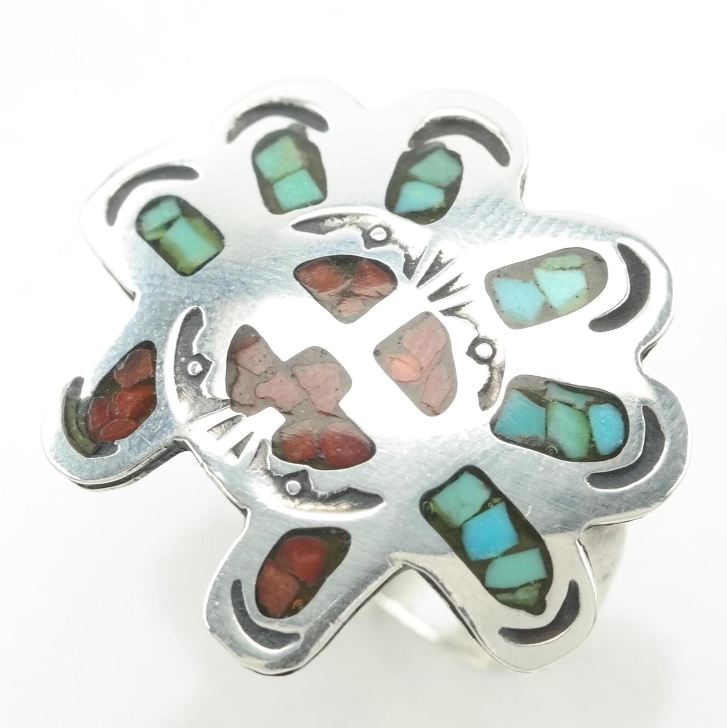 Native American Sterling Silver Ring Turquoise, Coral Inlay, Sunface