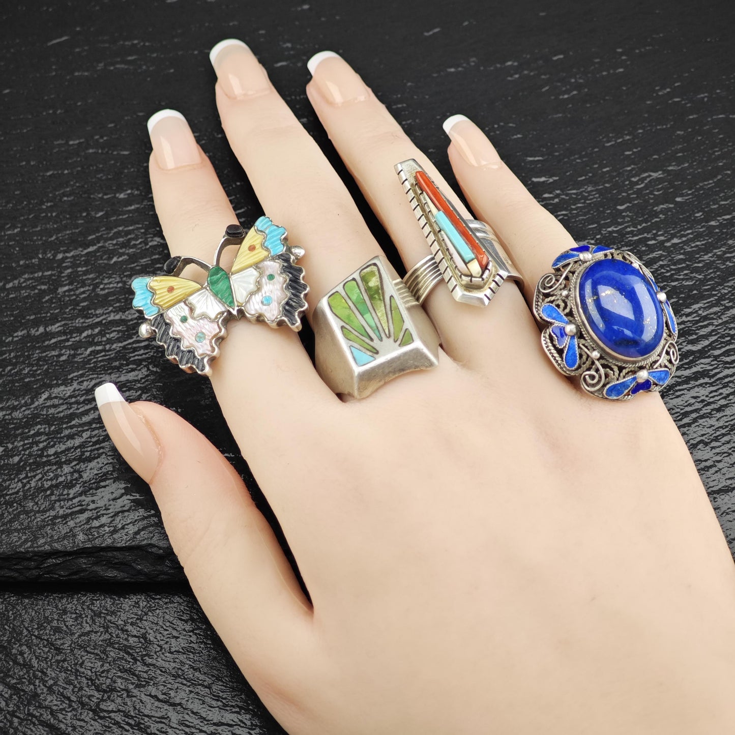 David Tune Inlay Ring Coral Turquoise Sterling Silver MOP R5809