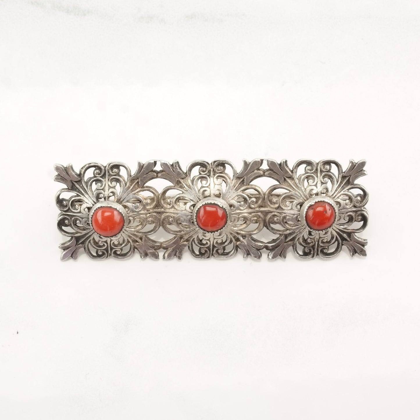 Italian Sterling Silver Brooch Filigree Coral