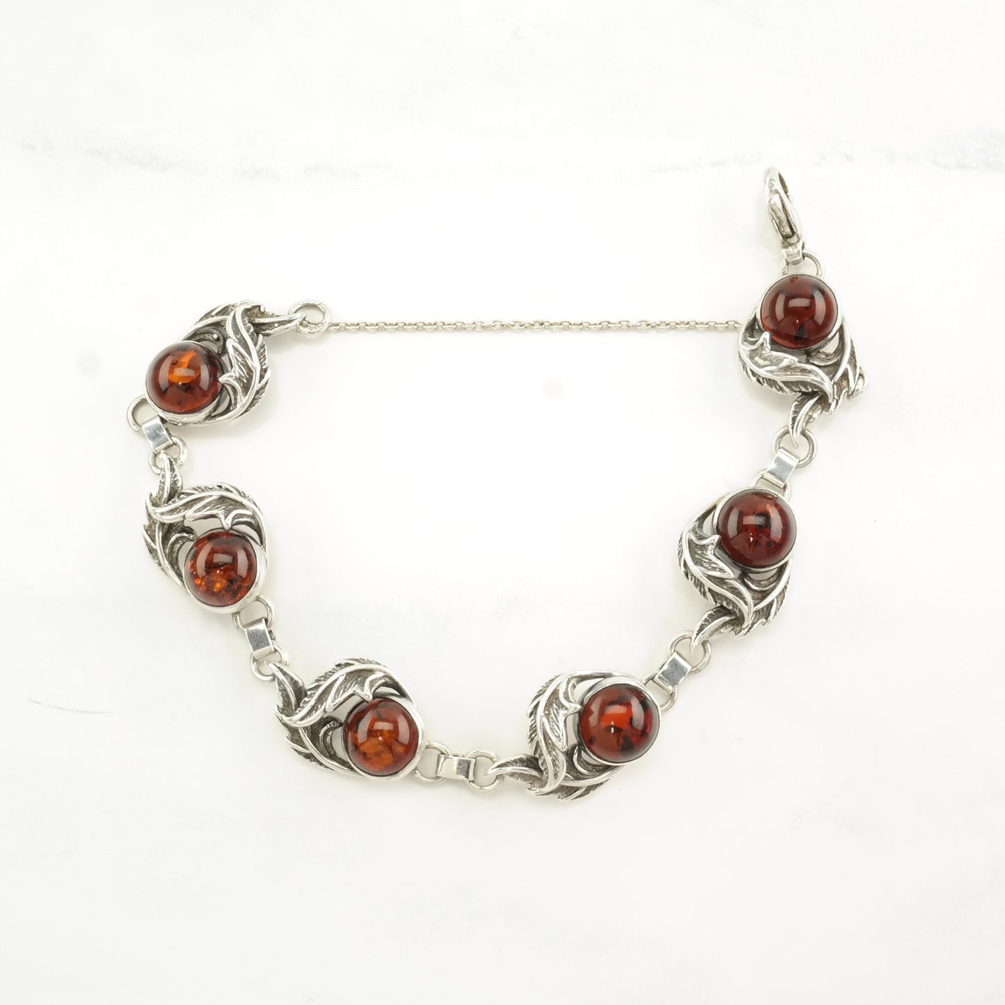 Vintage Art Nouveau Style Sterling Silver Link Bracelet Reddish Orange Amber Floral