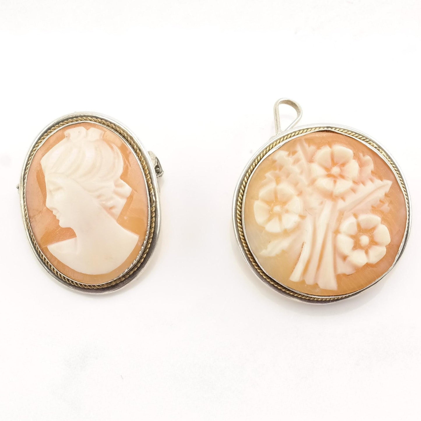 Sterling Silver Brooch: Carved Cameo Design Pink and White B1681 B
