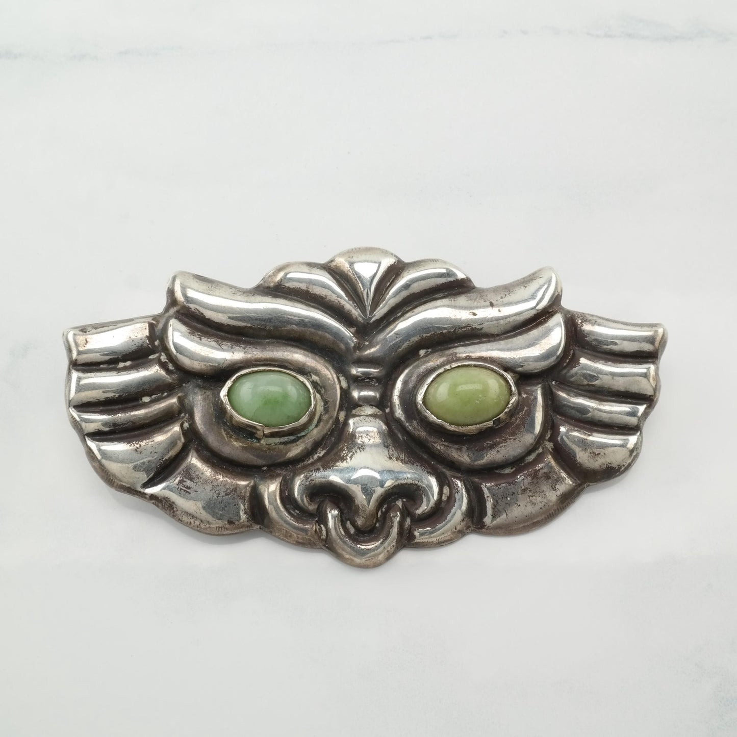 Large Taxco Ghoul Face Brooch Sterling Silver Green Peruvian Jade