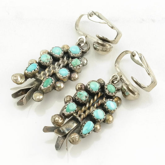 Zuni, Native American Turquoise, Cluster Squash Blossom Sterling Silver Clip On Earrings Blue