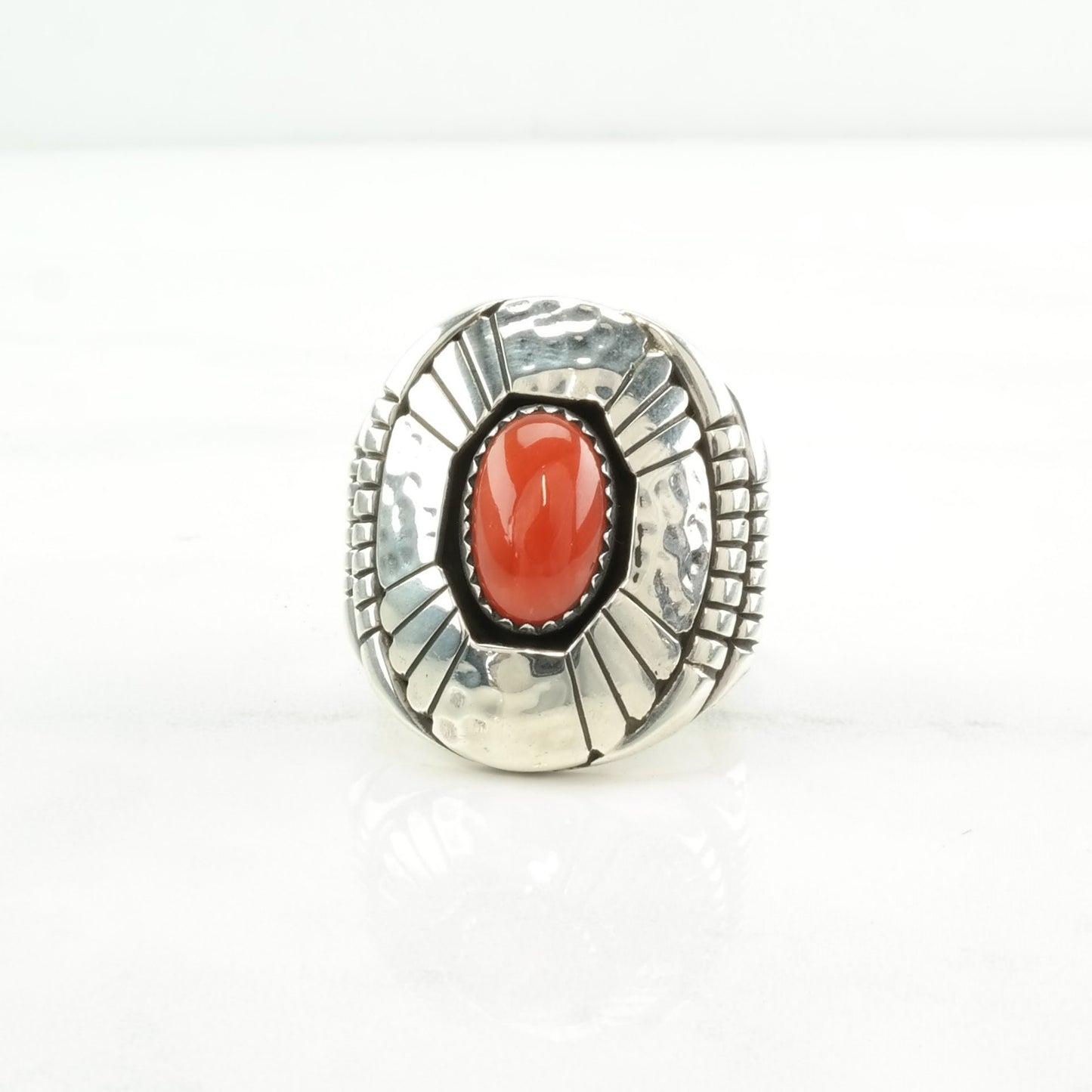 Native American Silver Ring Coral Shadowbox Sterling Red Size 11 1/4