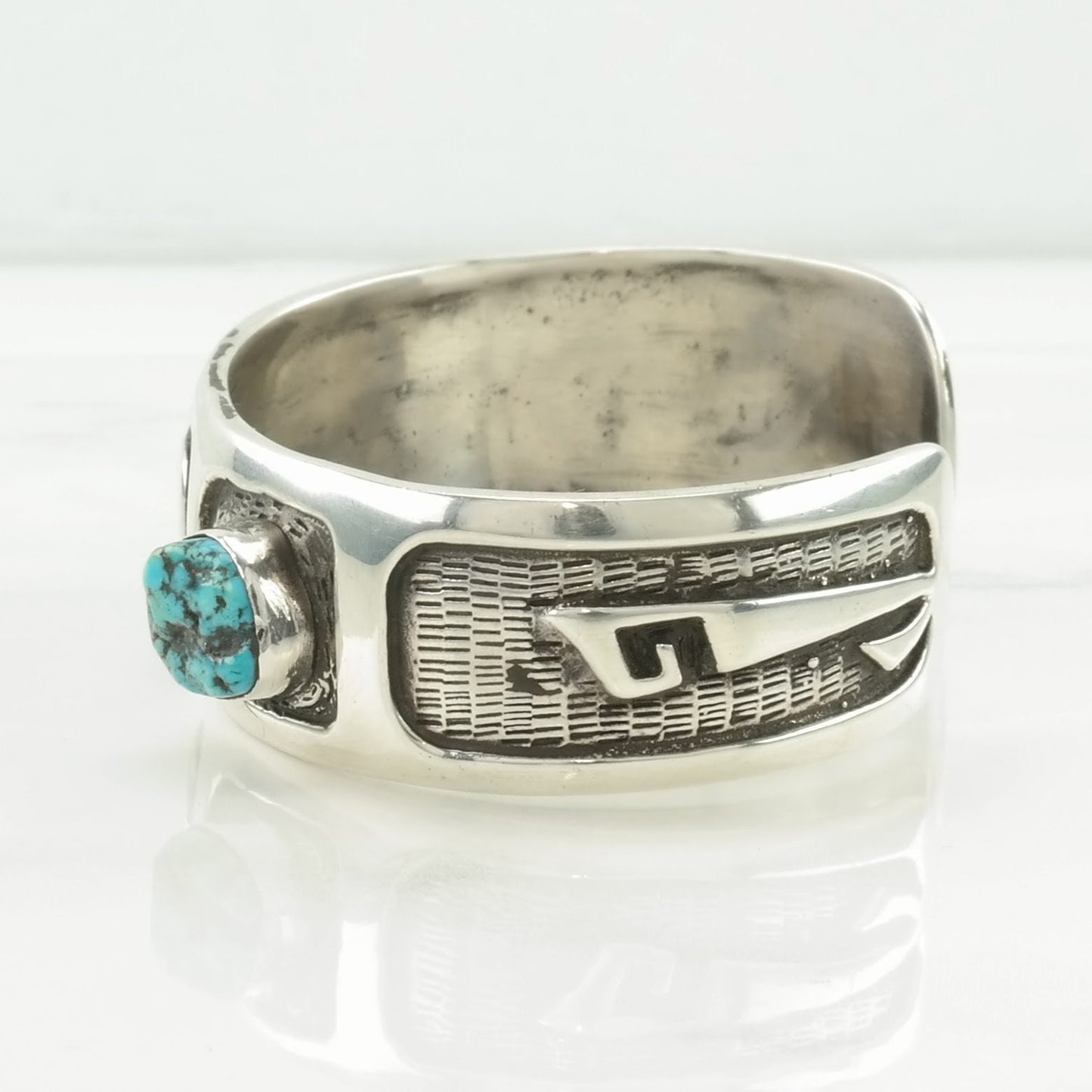 Hopi, Native American Sterling Silver Cuff Bracelet Blue Turquoise Asymmetrical, Overlay