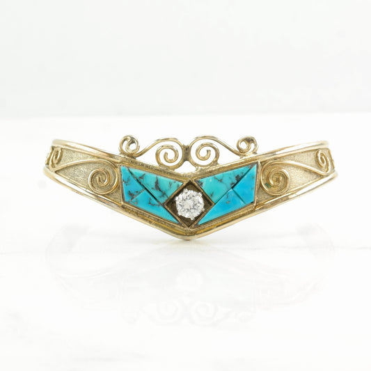 Native American Sterling Silver Cuff Bracelet Blue Turquoise, White Gemstone 12K Gold Filled