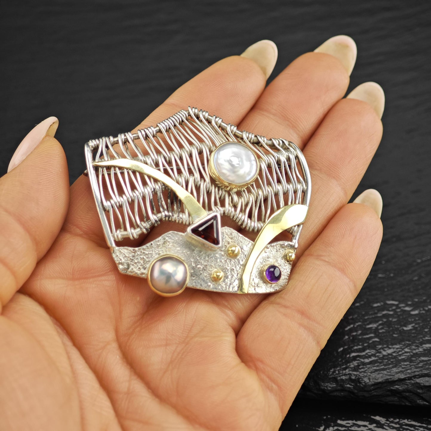 Sterling Silver Abstract Brooch with Multi-Color Pearls MOP Garnet Amethyst