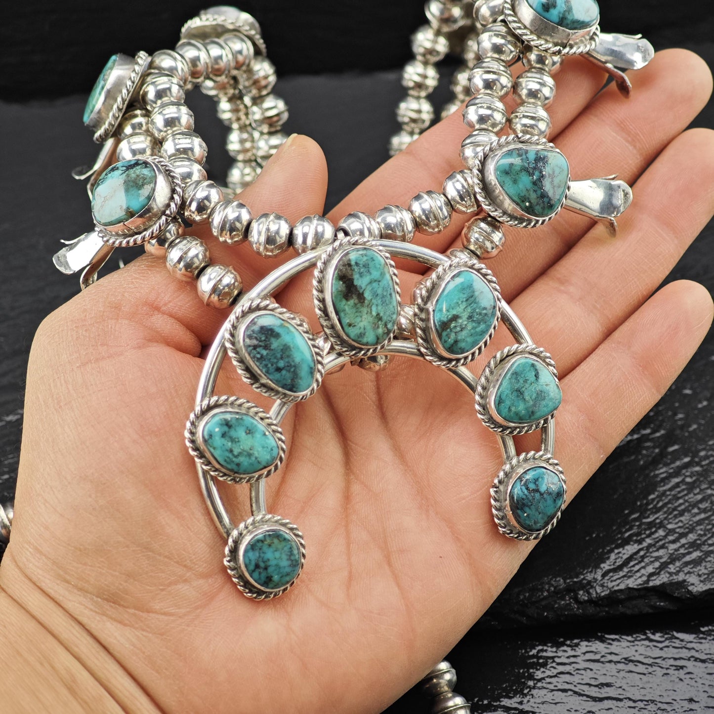 Sw Sterling Silver Blue Turquoise Squash Blossom Necklace 25"