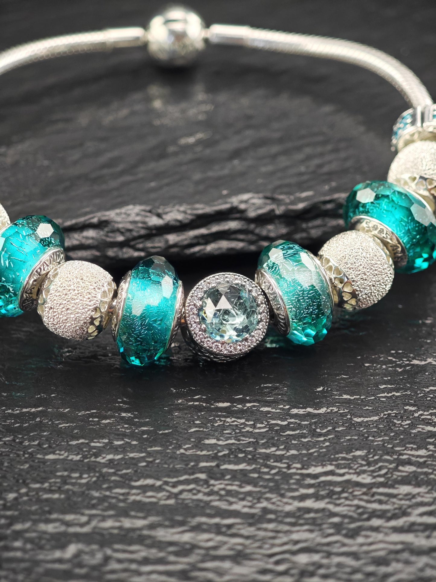 Vintage Pandora Teal 11 Charm Bracelet Murano Sterling Silver