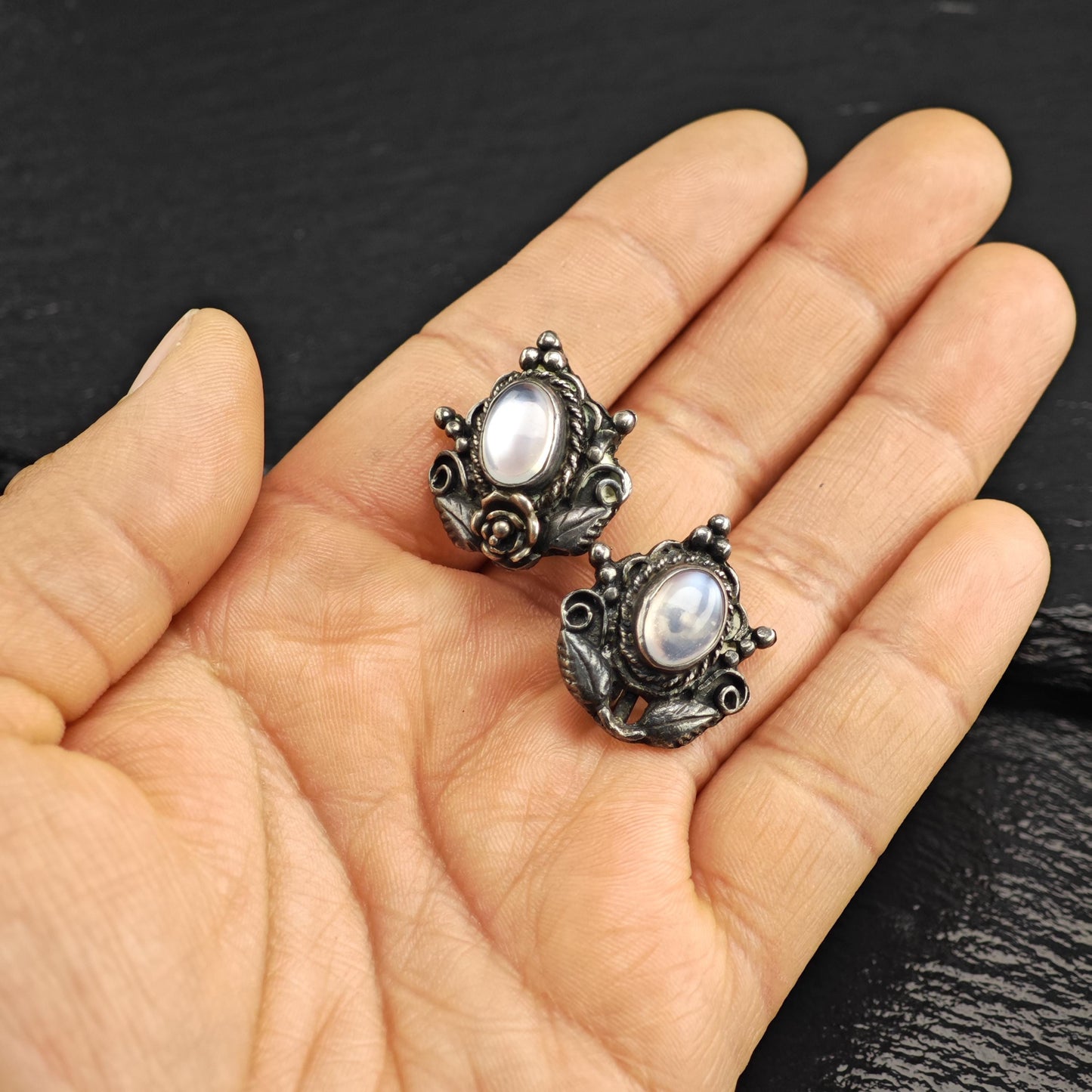 Art Nouveau Moonstone Screw Back Sterling Silver Earrings ER3199