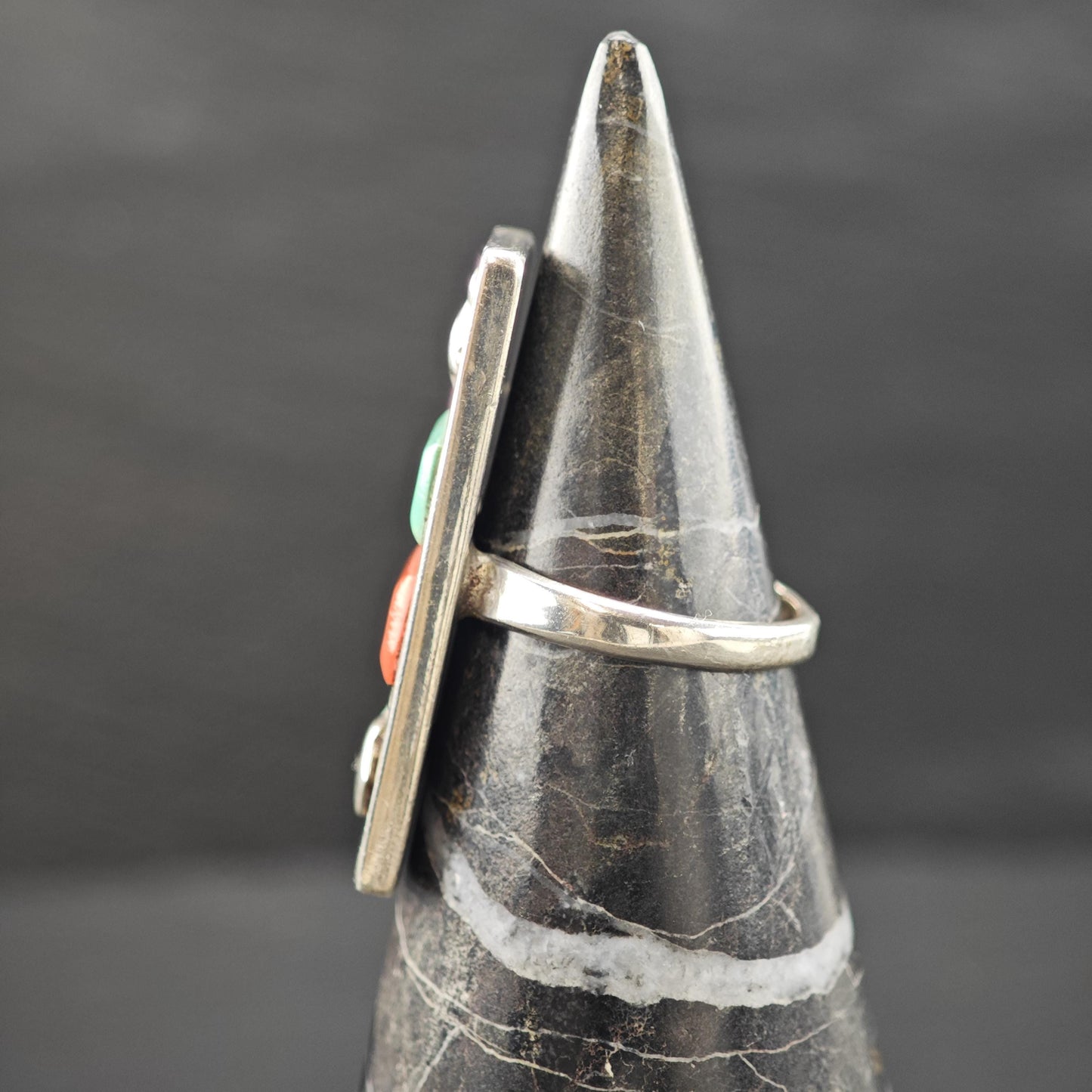 Zuni, Native American Turquoise, Coral Inlay Ring Sterling Silver Sz 6