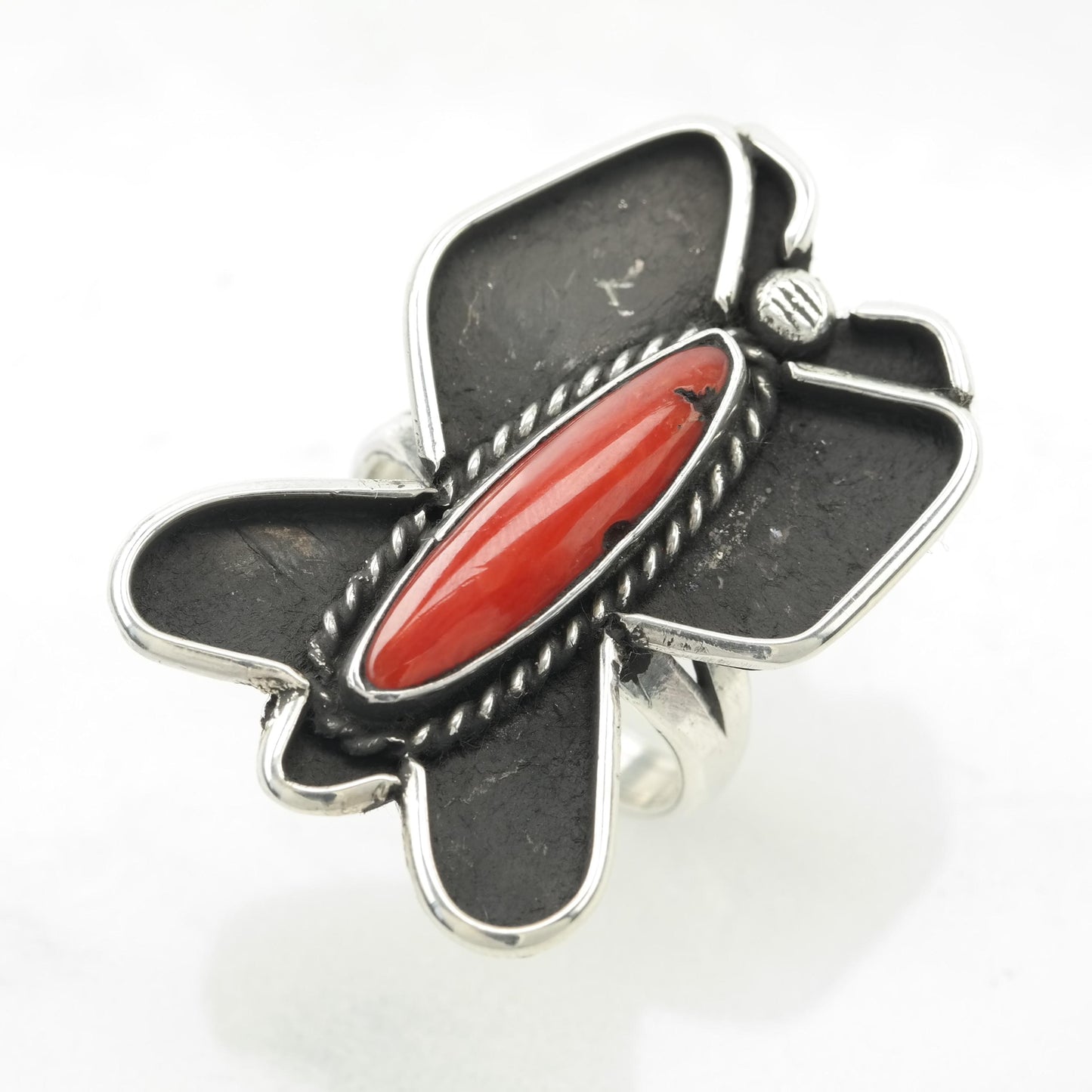 Native American Coral Butterfly Silver Ring, Shadow Box Sterling Size 7 1/2