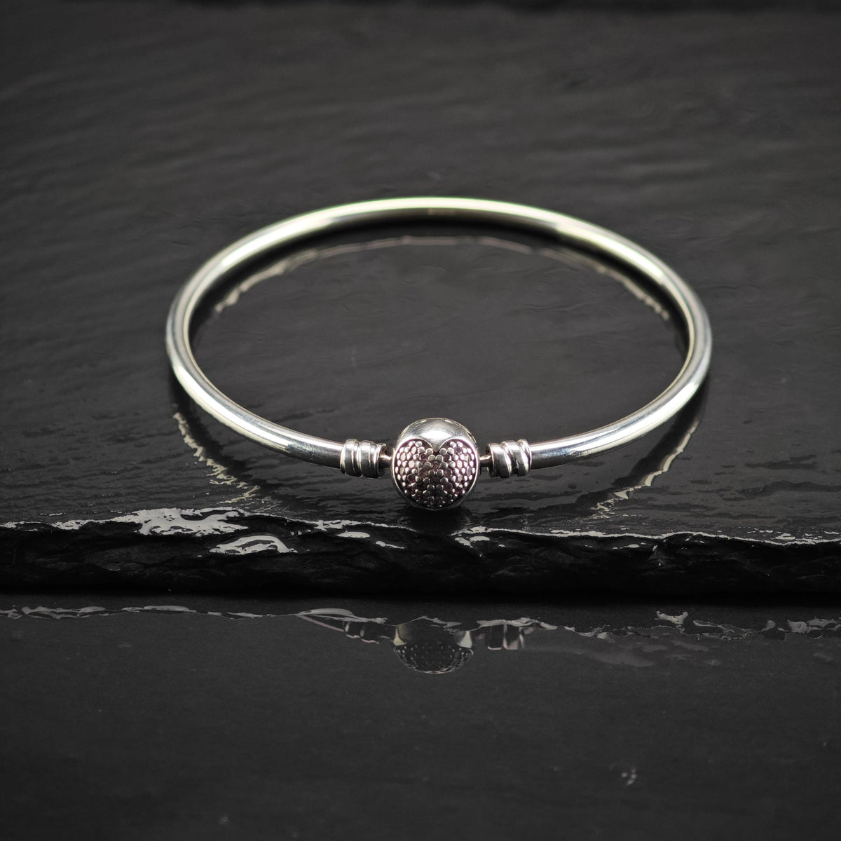 Vintage Pandora Pink Pave Heart Bangle Sterling Silver Sz 7 1/4" BR3179