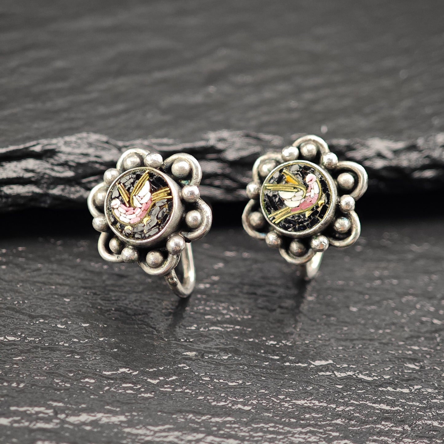 Italy Micro Mosaic Bird Screw Back Earrings Sterling Silver