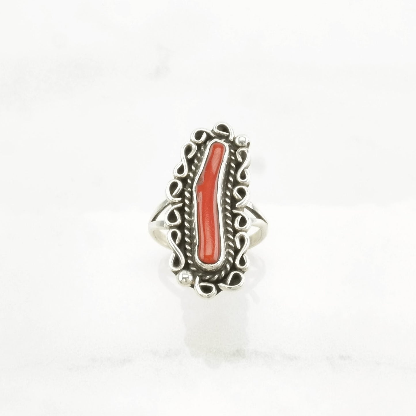 Native American Silver Ring Coral Navette Sterling Red Size 7 3/4