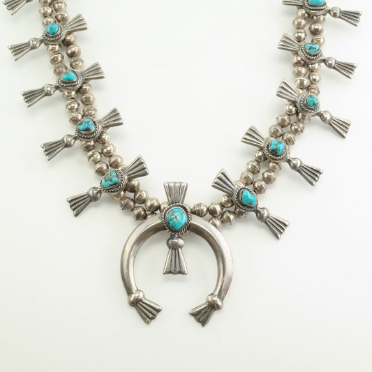 Vintage Native American Sterling Silver Gem Turquoise Beaded Squash Blossom Necklace