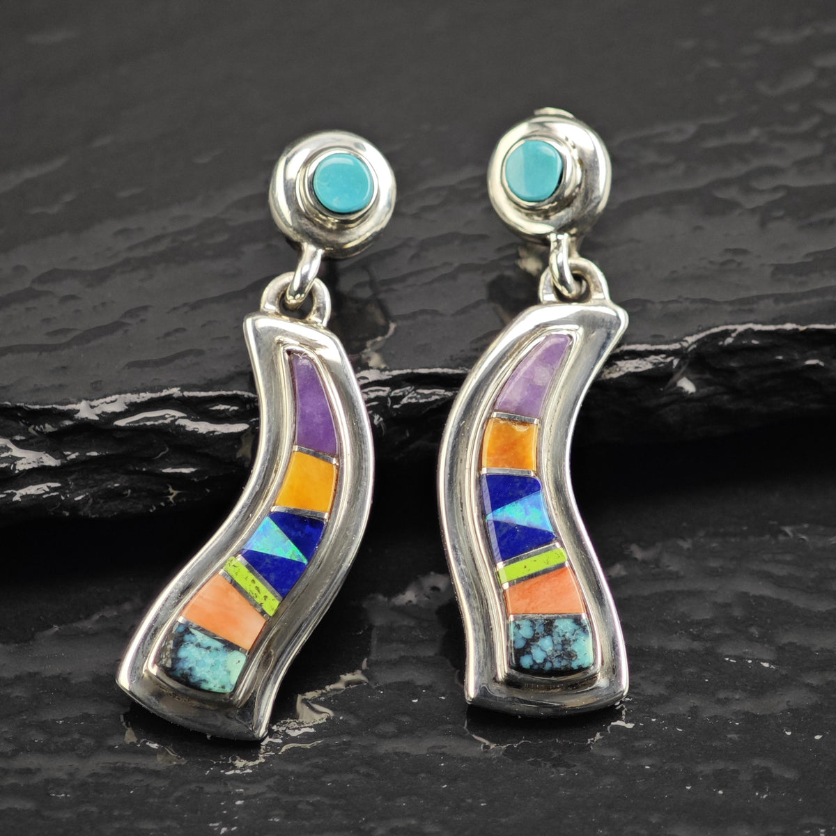 Vintage TSF Native American Multistone Inlay Sterling Silver Stud Earrings ER3219