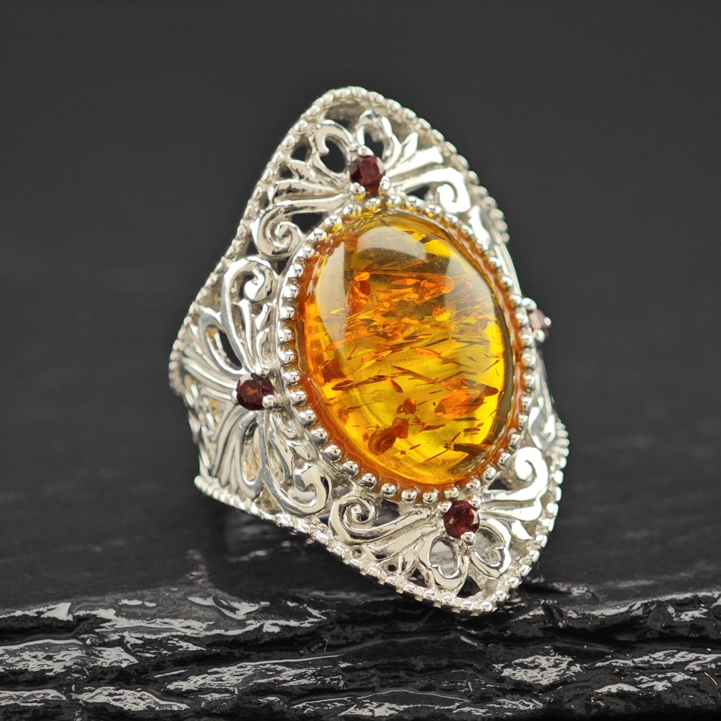 BBJ Amber Ruby Ring Sterling Silver Filigree Sz 6 1/4 R6090