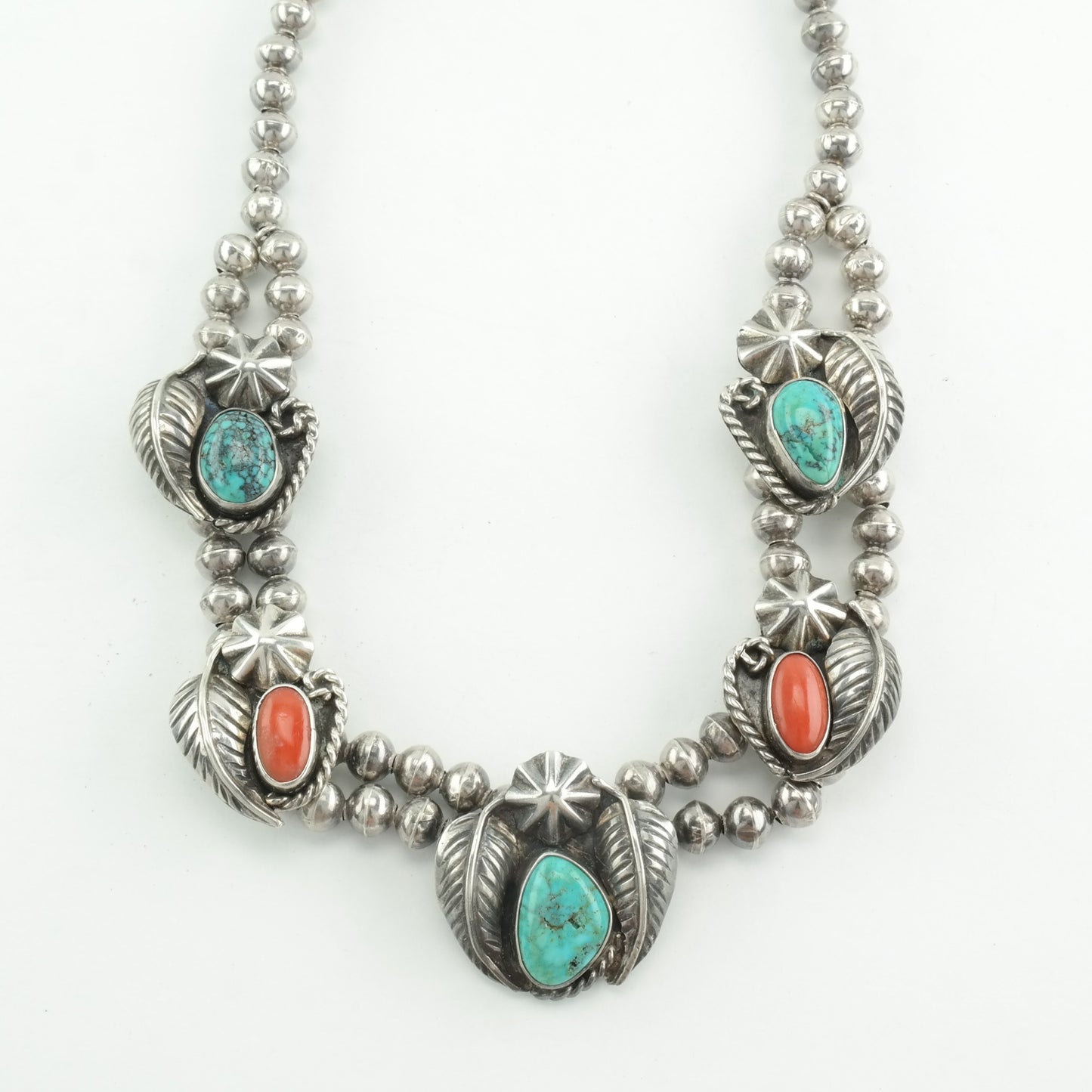 Native American Sterling Silver Turquoise Coral Leaf Beaded Spiderweb Necklace