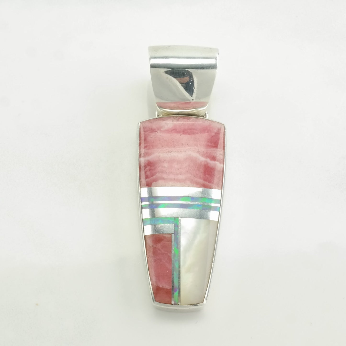 Vintage Southwest Rhodochrosite, Opal, MOP Inlay Sterling Silver Pendant