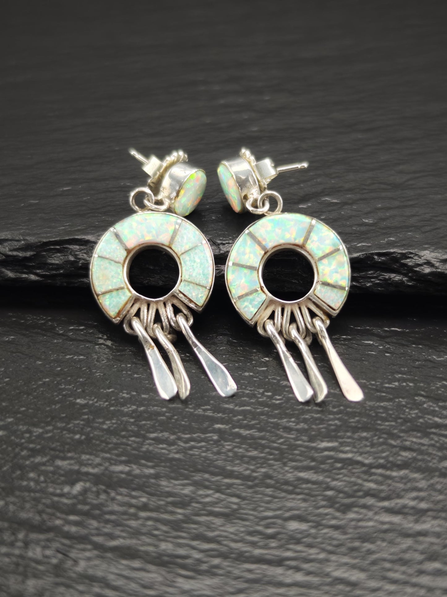 Native American Earrings with Calvin Begay Rainbow Lab Opal Inlay Sterling Silver