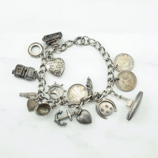 Historic WWII Pacific Theater Army Navy Sterling Silver Charm Bracelet 16 Charms