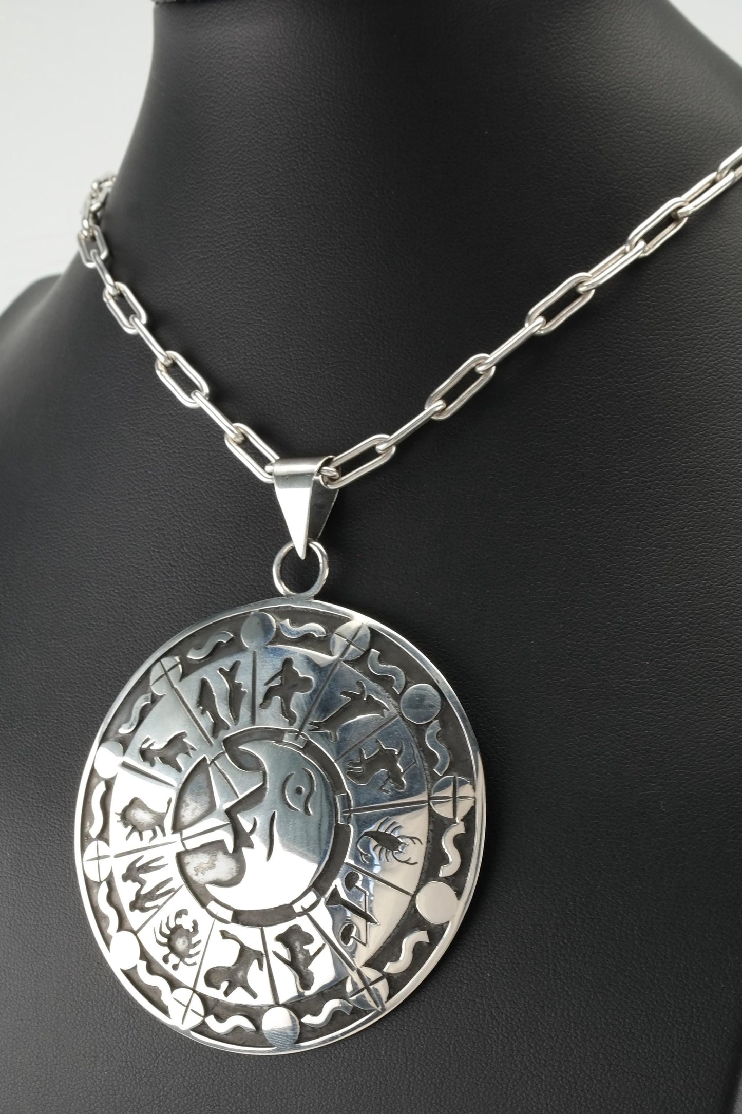 Taxco Zodiac Pendant Necklace, Sterling Silver, Large Round Pendant, Paperclip Chain, 1980s