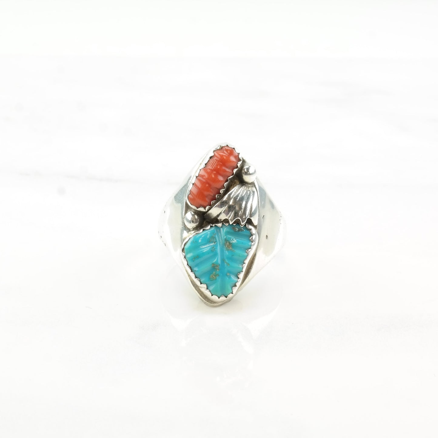 Loyolita Tsattie Zuni Silver Ring Turquoise Coral Carved Leaf Sterling Size 9 1/4