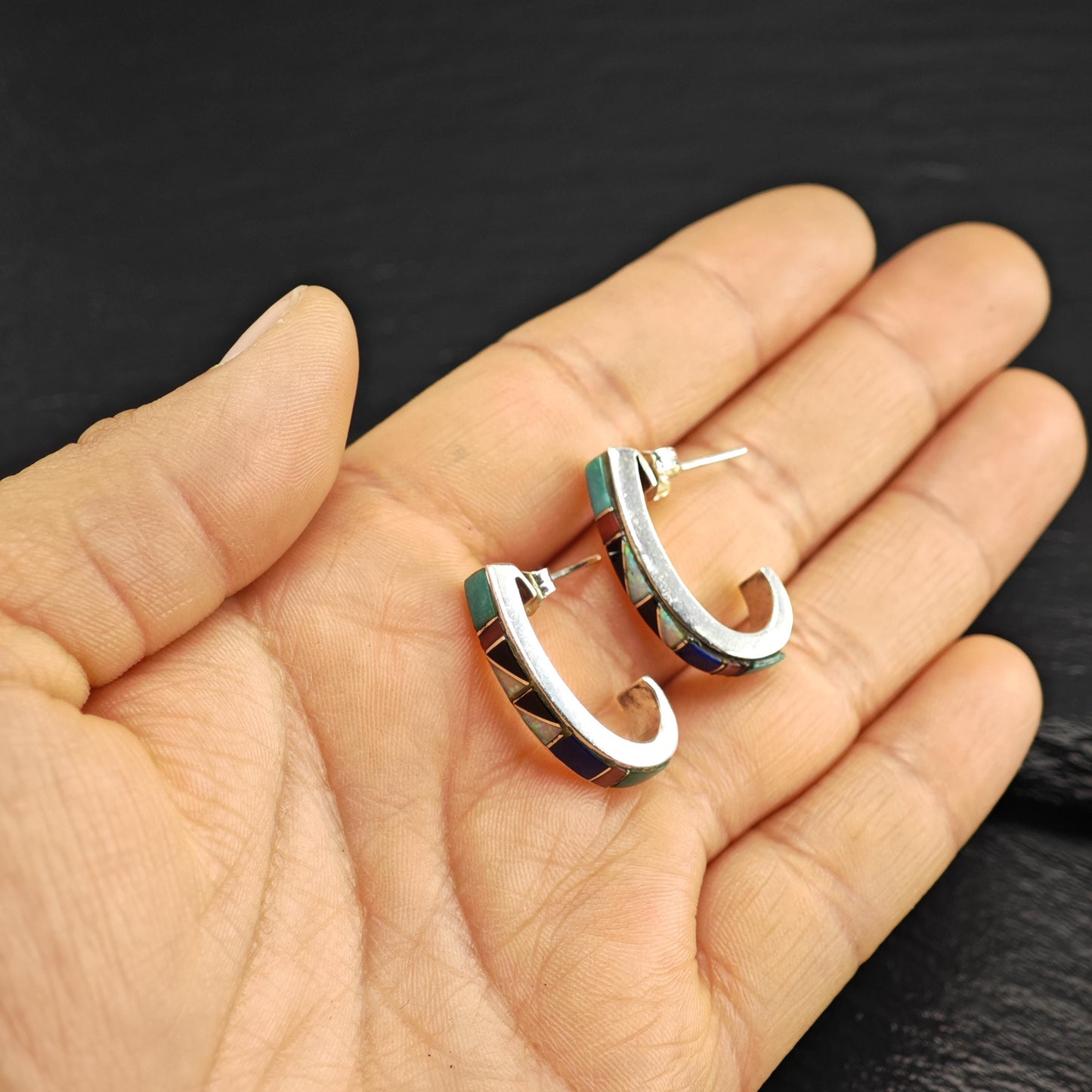 Turquoise, Coral, Lab Opal, Jet, Lapis Inlay Sterling Silver Earrings ER3115