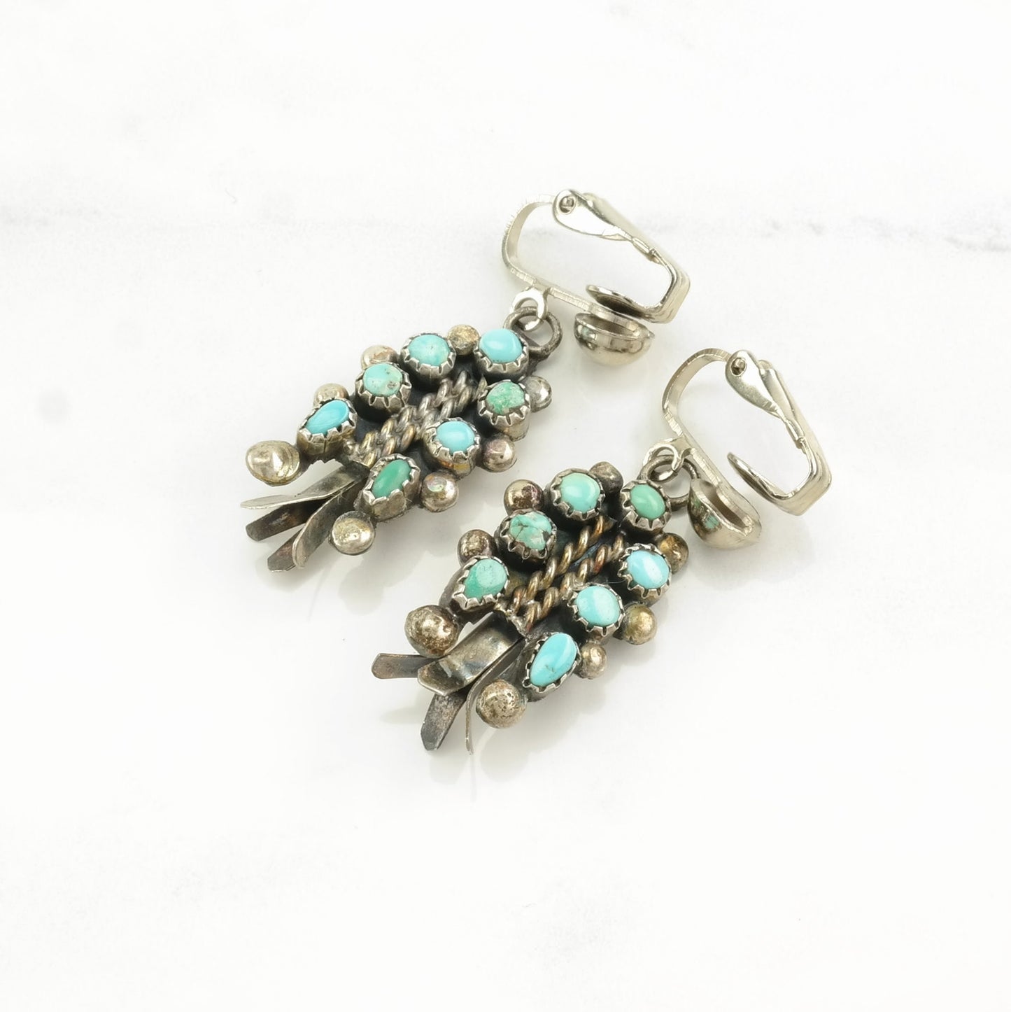 Zuni, Native American Turquoise, Cluster Squash Blossom Sterling Silver Clip On Earrings Blue